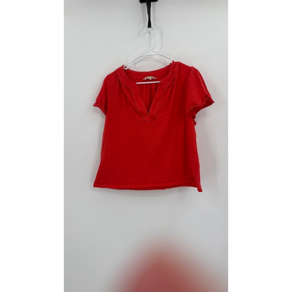 Boden Red Slub Cotton Split V-Neck Lace Trim Puff Sleeve Top US 14